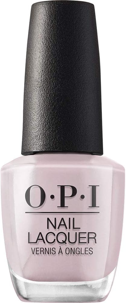 OPI light pink beige nail polish bottle with black cap and white background.