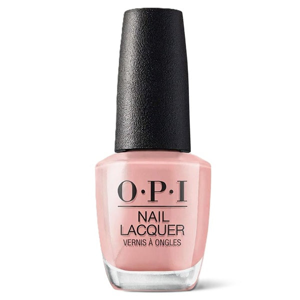 OPI light pink nail lacquer bottle with black cap on a white background