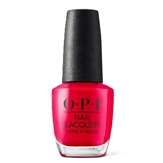 OPI red nail polish bottle with black cap on a white background