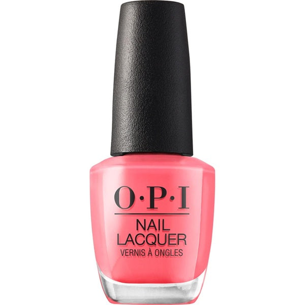 OPI pink nail lacquer bottle with black cap on a white background