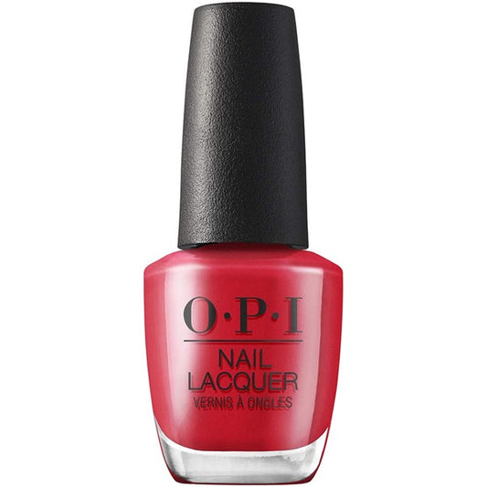 OPI red nail polish bottle with black cap on a white background