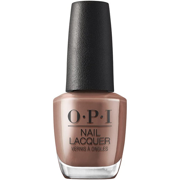 OPI nail polish bottle with a brown color on a white background