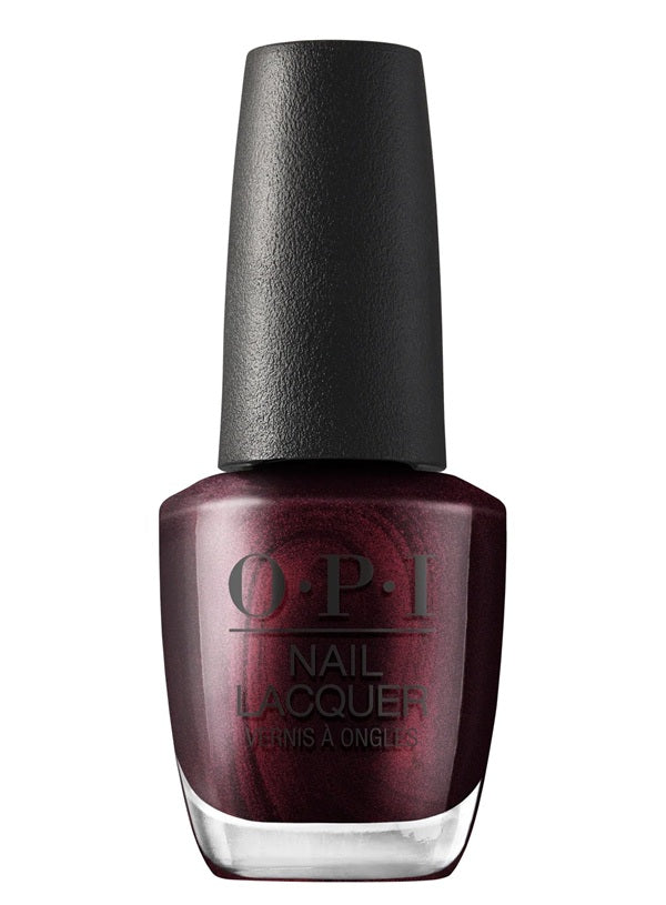 OPI Nail Lacquer bottle in a deep burgundy shade with a black cap, shown on a plain white background.