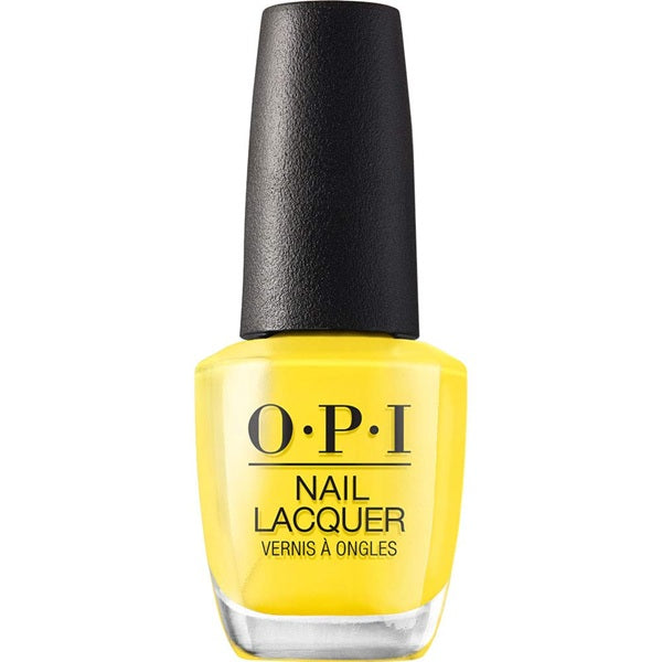 OPI yellow nail polish bottle with black cap on a white background