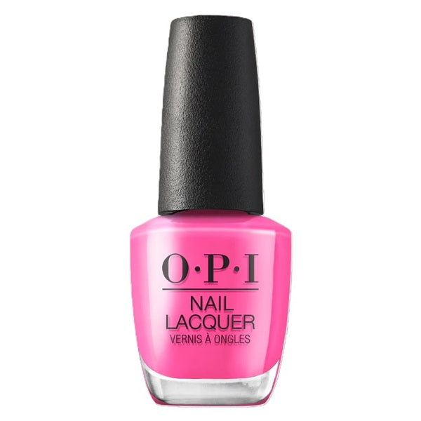 OPI pink nail polish bottle with black cap on a white background