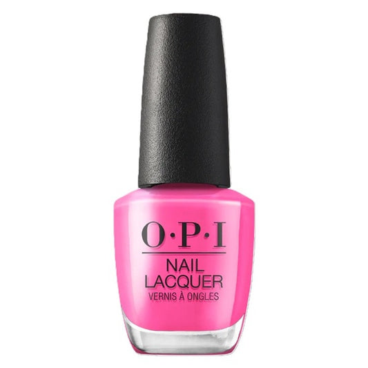 OPI pink nail polish bottle with black cap on a white background