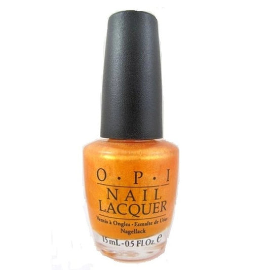 OPI nail lacquer bottle with orange color on a white background