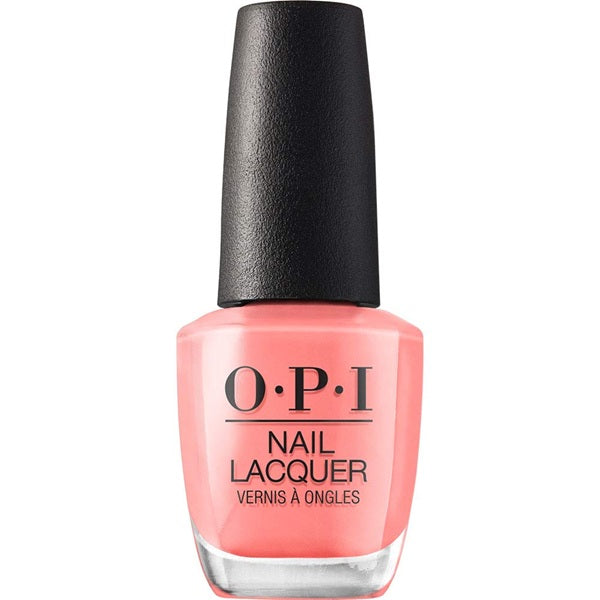 OPI nail polish bottle with coral peach  pink color on a white background