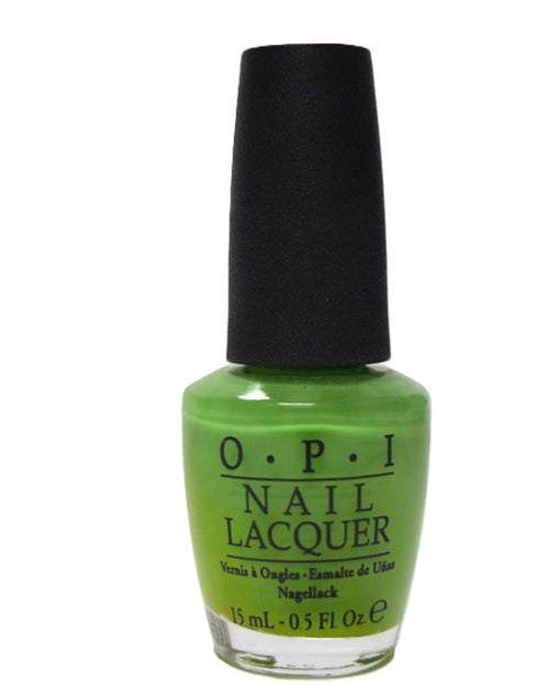 OPI green nail polish bottle with black cap on a white background