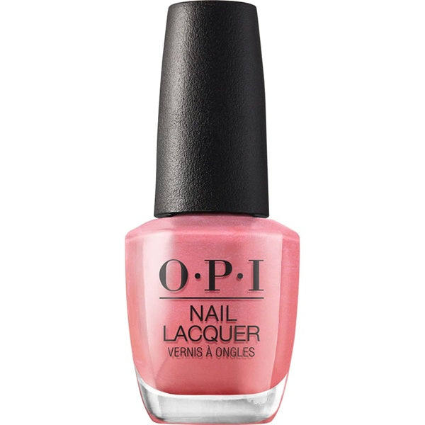OPI nail lacquer bottle with pink color on a white background