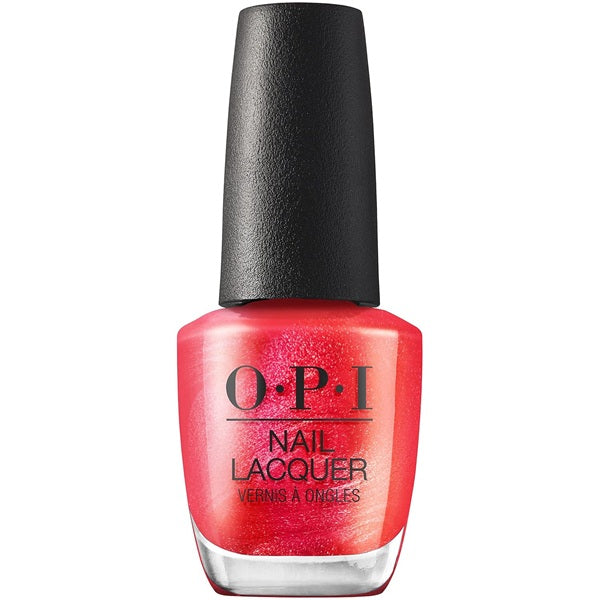 OPI nail polish bottle with red polish and black cap on a white background