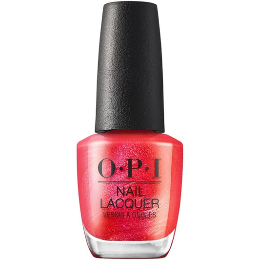 OPI nail polish bottle with red polish and black cap on a white background