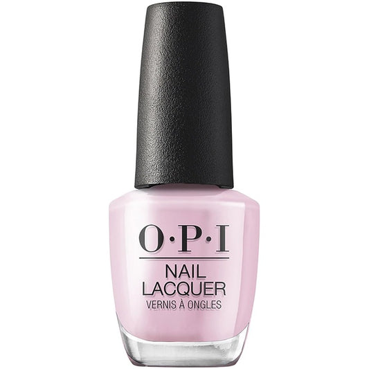 OPI nail polish bottle with pink polish and black cap on a white background