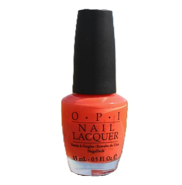 OPI orange nail lacquer bottle with black cap on a white background