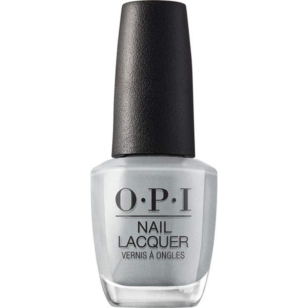 OPI gray nail lacquer bottle on a white background