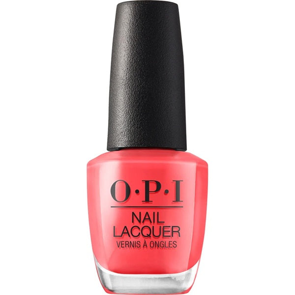 OPI nail lacquer bottle with coral red color and black cap with a white background.