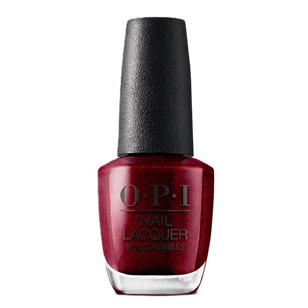 OPI nail lacquer bottle with dark red color on a white background