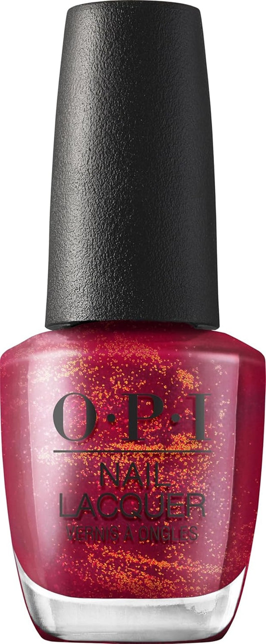 OPI nail lacquer bottle with red glittery polish and black cap.