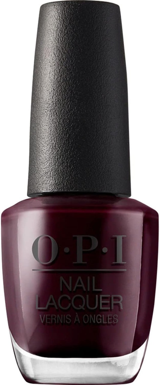 OPI nail lacquer bottle with dark burgundy red color and black cap