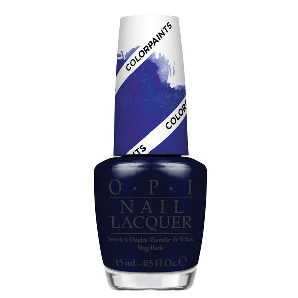 OPI nail lacquer bottle with blue color and white cap on a white background