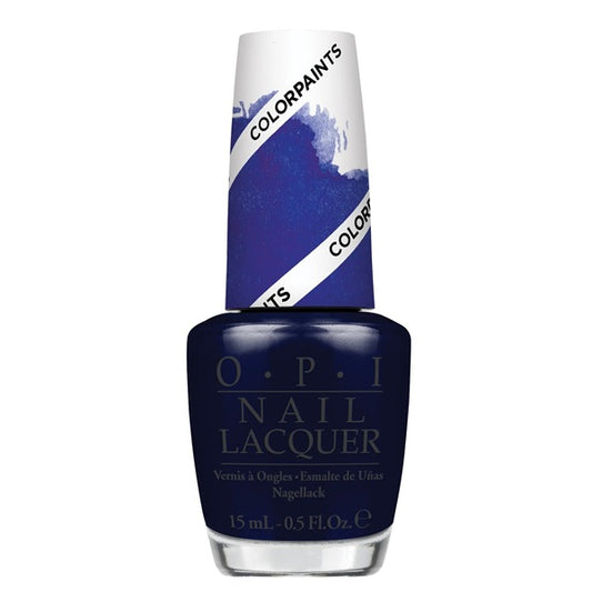OPI nail lacquer bottle with blue color and white cap on a white background