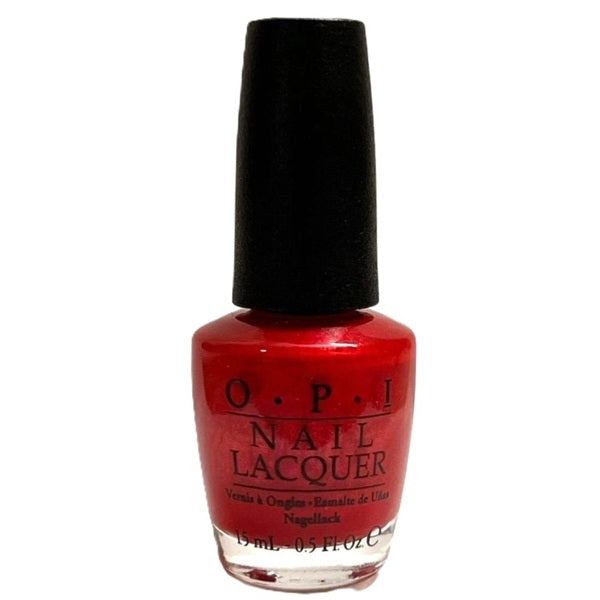 OPI red nail polish bottle with black cap on a white background
