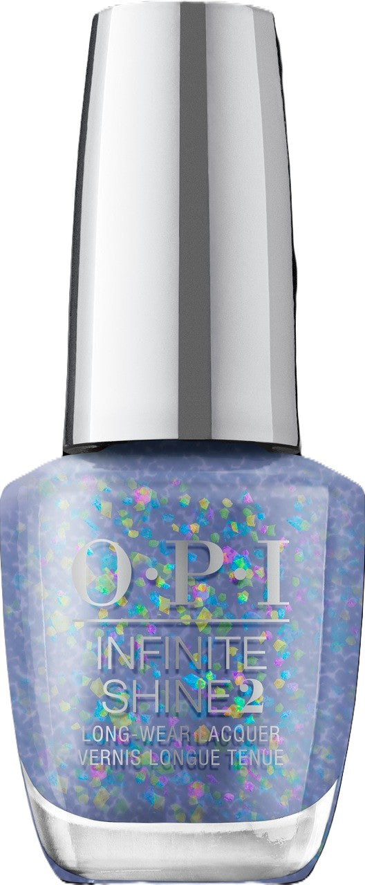 OPI Infinite Shine nail polish bottle with silver cap and blue glittery color.