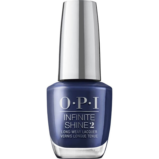 OPI Infinite Shine dark navy blue nail polish bottle on a white background