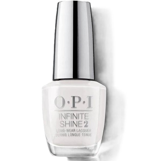 OPI Infinite Shine white nail polish bottle with silver cap on a white background