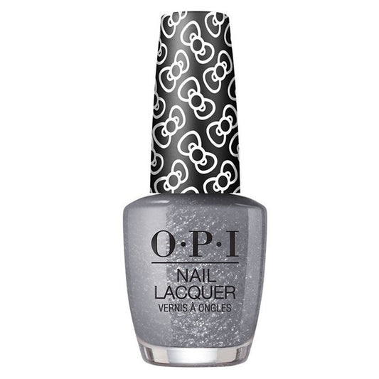 OPI nail polish bottle with silver glitter and black and white bow patterned cap on a white background