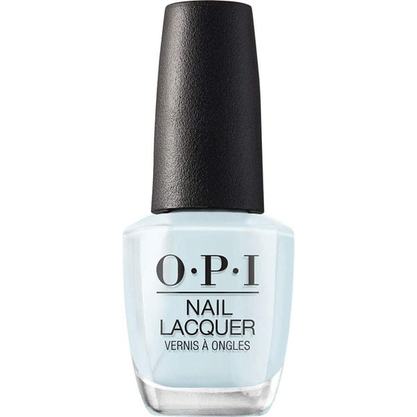 OPI light blue nail lacquer bottle with black cap on a white background