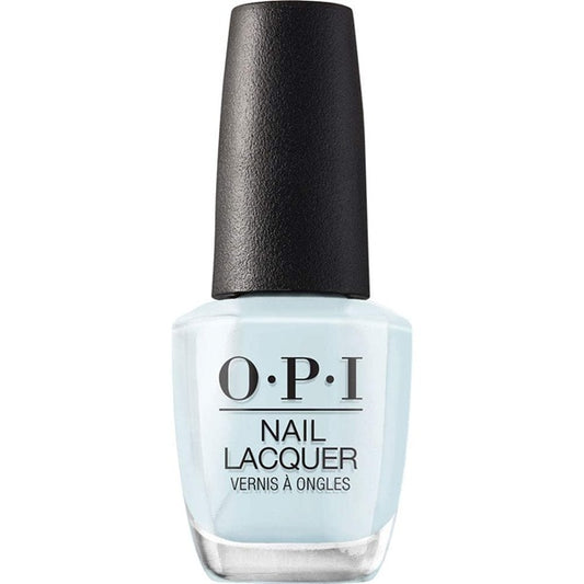 OPI light blue nail lacquer bottle with black cap on a white background