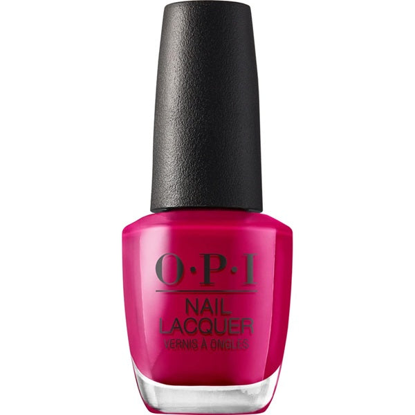 OPI bright pink nail polish bottle with black cap on a white background