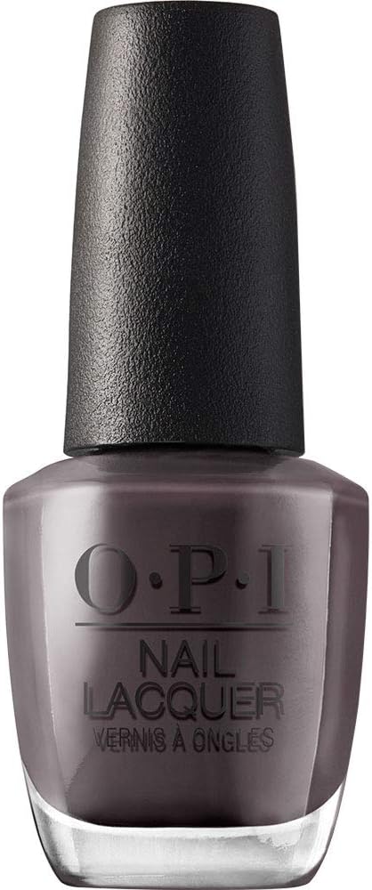 OPI nail lacquer bottle with dark brown color and black cap on a white background