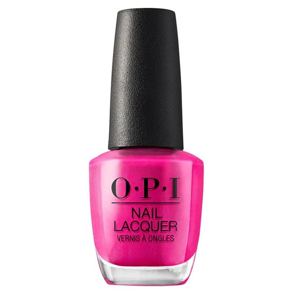 OPI bright hot pink nail polish bottle with black cap.