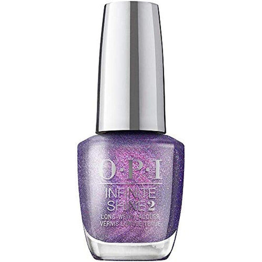 OPI Infinite Shine purple shimmer nail polish bottle with silver cap on a white background