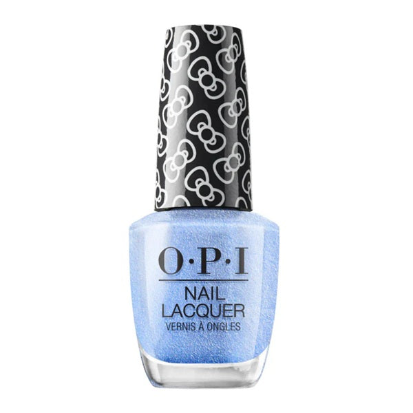 OPI nail lacquer bottle with blue polish and black and white cap on a white background