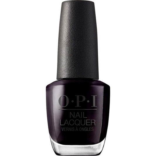 OPI nail polish bottle with dark purple color on a white background