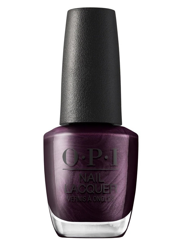 OPI Nail Lacquer bottle in a deep aubergine, eggplant purple shade with a textured black cap, shown on a plain white background.