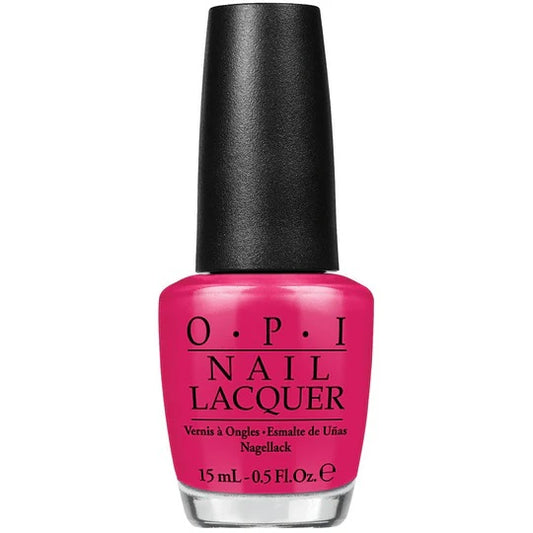 OPI nail polish bottle with bright pink color on a white background