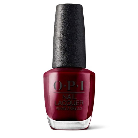 OPI nail polish bottle with dark red color and black cap on a white background