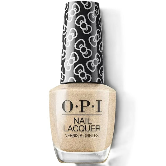 OPI light gold nail lacquer bottle with black and white bow pattern on cap against a white background