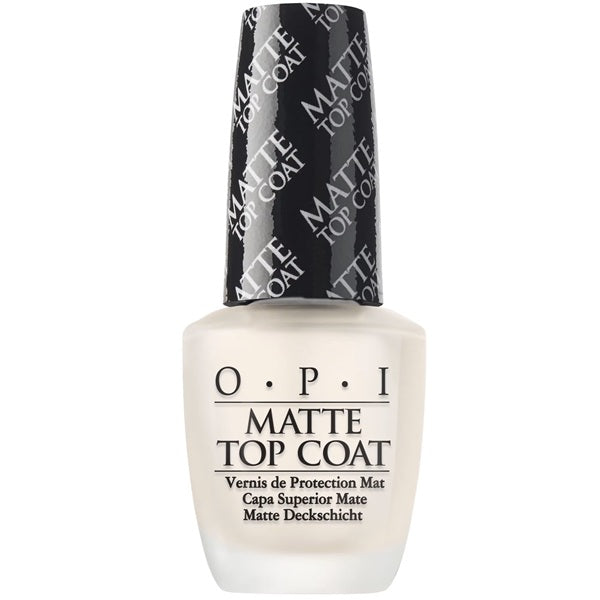OPI Matte Top Coat bottle with black printed cap and white background.
