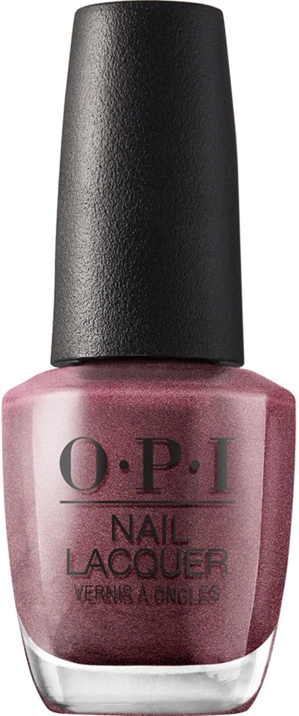 OPI nail lacquer bottle with a rosy mauve color and black cap.
