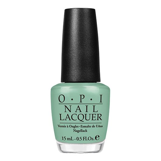 OPI turquoise green nail lacquer bottle with a black cap on a white background
