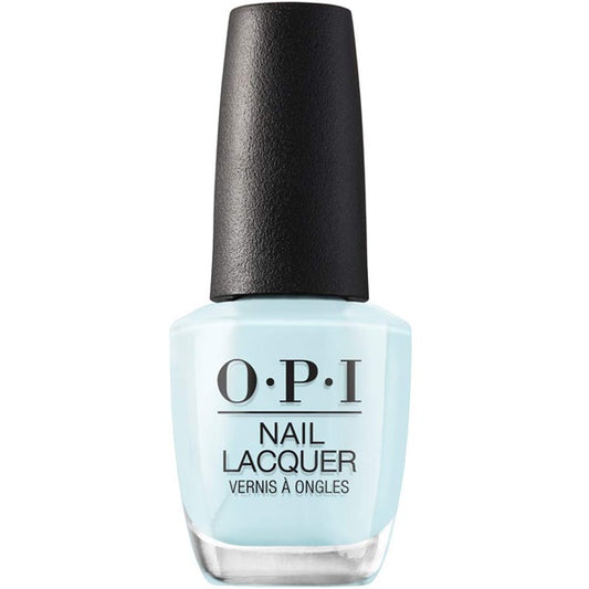 OPI nail polish bottle with light blue color on a white background