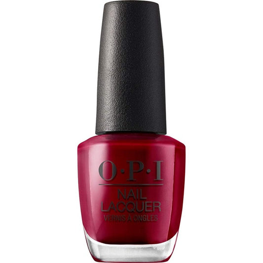 OPI nail polish bottle with berry red color on a white background