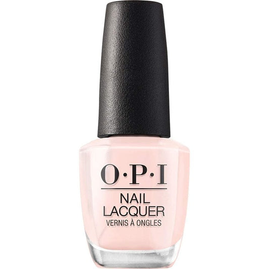 OPI sheer light pink nail lacquer bottle with black cap on a white background.