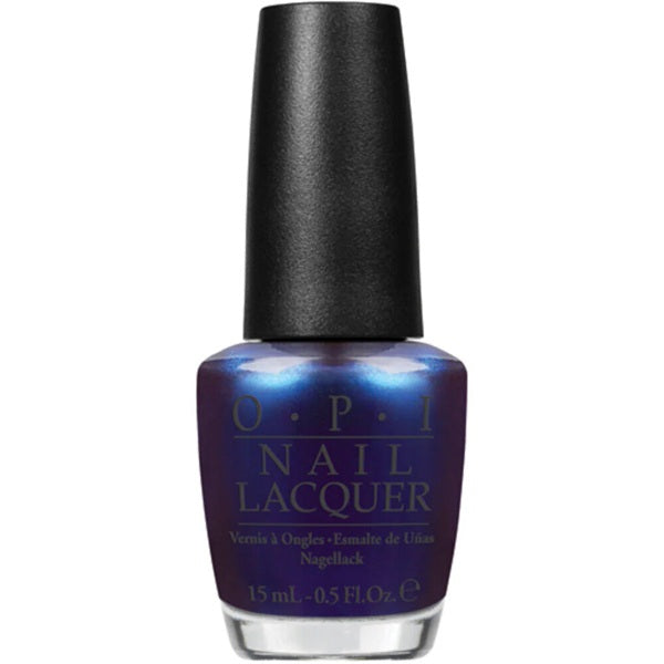 OPI blue nail lacquer bottle with black cap on a white background