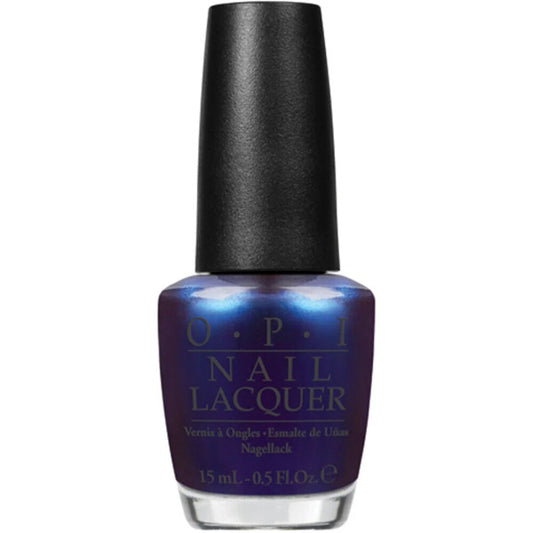 OPI blue nail lacquer bottle with black cap on a white background